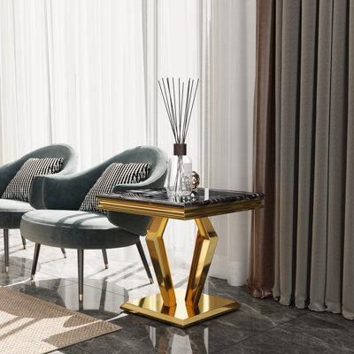 Black And Gold End Side Table With Polished Geometric Base