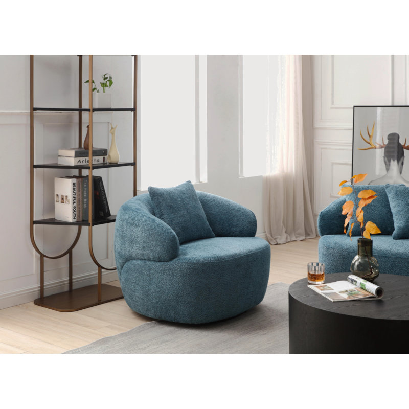  Rianon 360° Swivel Mid Century Modern Curved Sofa, 1-Seat Fabric Cloud Couch Boucle Sofa with Pillow, Blue