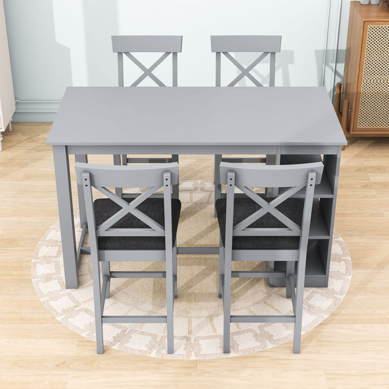 5Pcs Dining Set with Counter Height Table, 4 Upholstered Chairs and Built-In Storage Shelves, Grey