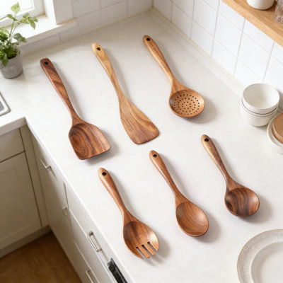 6-Piece Teak Wooden Kitchen Utensil Set For Cooking, Natural Non-Toxic Wood Spoons & Spatulas, Heat Resistant Safe For Non-Stick Pans, Handmade Wooden Cooking Utensils