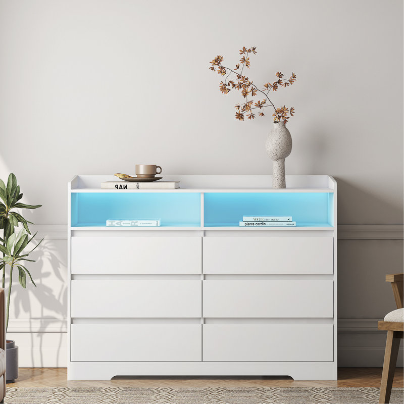 Commode 6 tiroirs, commode pour chambre à coucher avec lumières DEL, commodes modernes et commodes avec cadre robuste pour le salon, l'entrée, le couloir