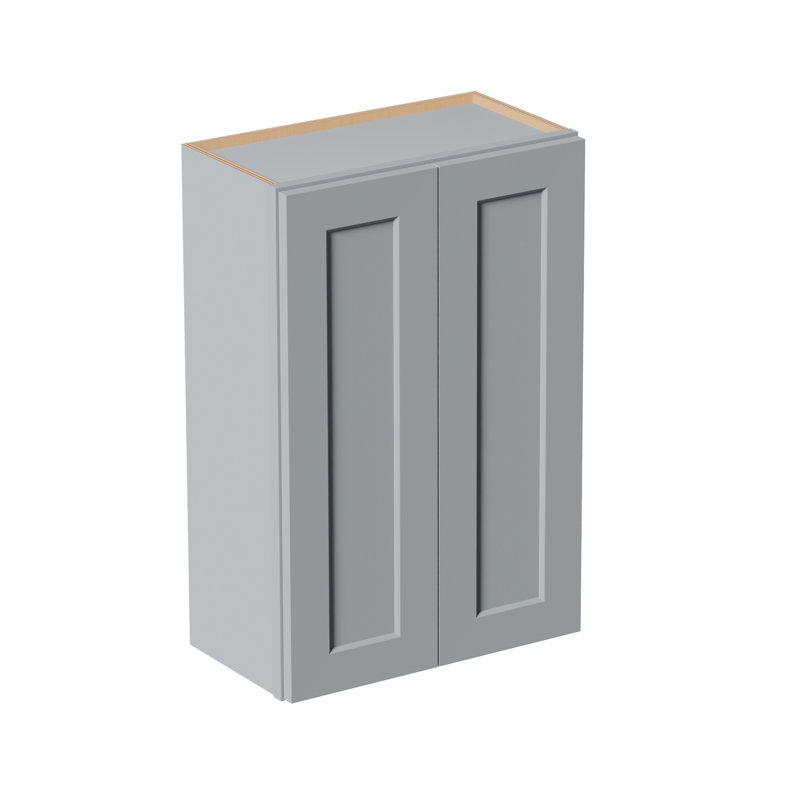 Armoire murale grise avec portes doubles et tablettes réglables. 