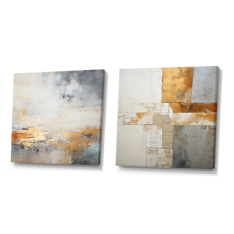 Minimalisme beige et doré vague horizon I - collages abstraits carrés, ensemble de 2 collages, Toile tendue