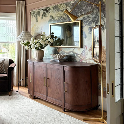 70.87" Vintage Brown Solid Ash Wood Sideboard, Curved Semi-Circular 4-Door Closed Storage Cabinet, Large-Capacity Layered Storage Buffet Cabinet