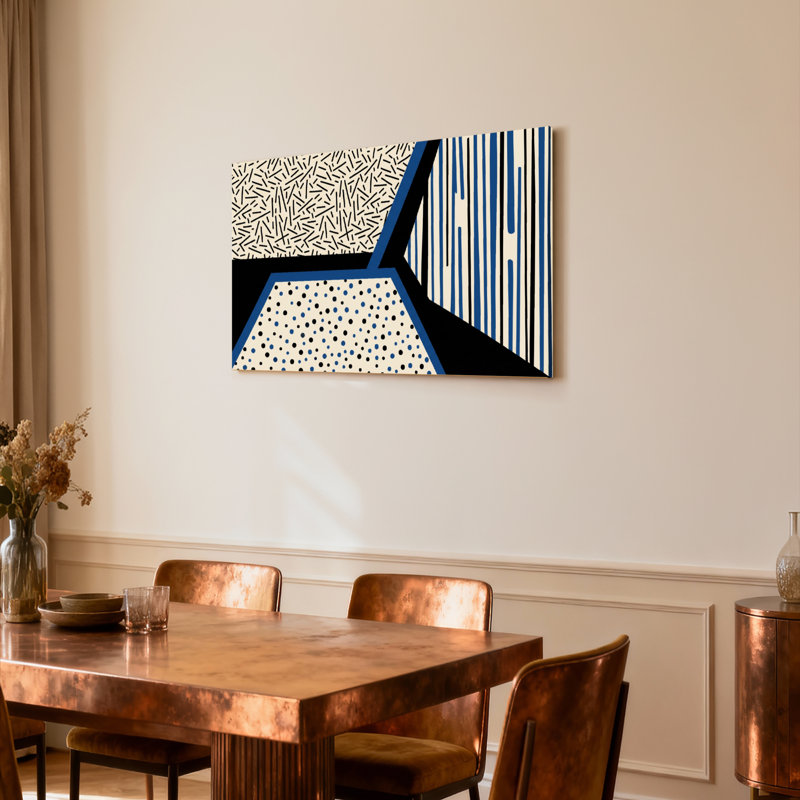 Ensemble de 1 tableau sur toile tendue, motif géométrique abstrait avec éléments bleus, noirs et blancs, H 12 po x l 18 po