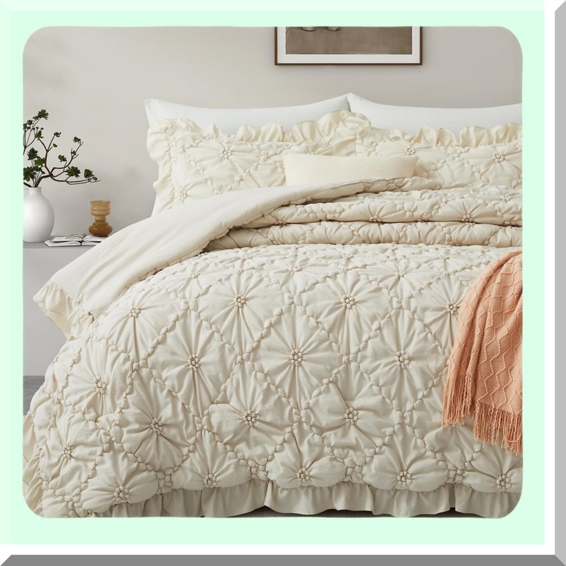 Boho Chic Pleated Comforter Set - 3 Piece Bedding Bundle with Ruffled Shams - All Season Bohemian Bed in a Bag - Beige King Size 102"88"