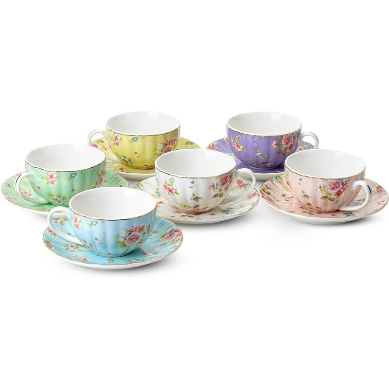 Pastel Floral Porcelain Tea Cups and Saucers Set of 6