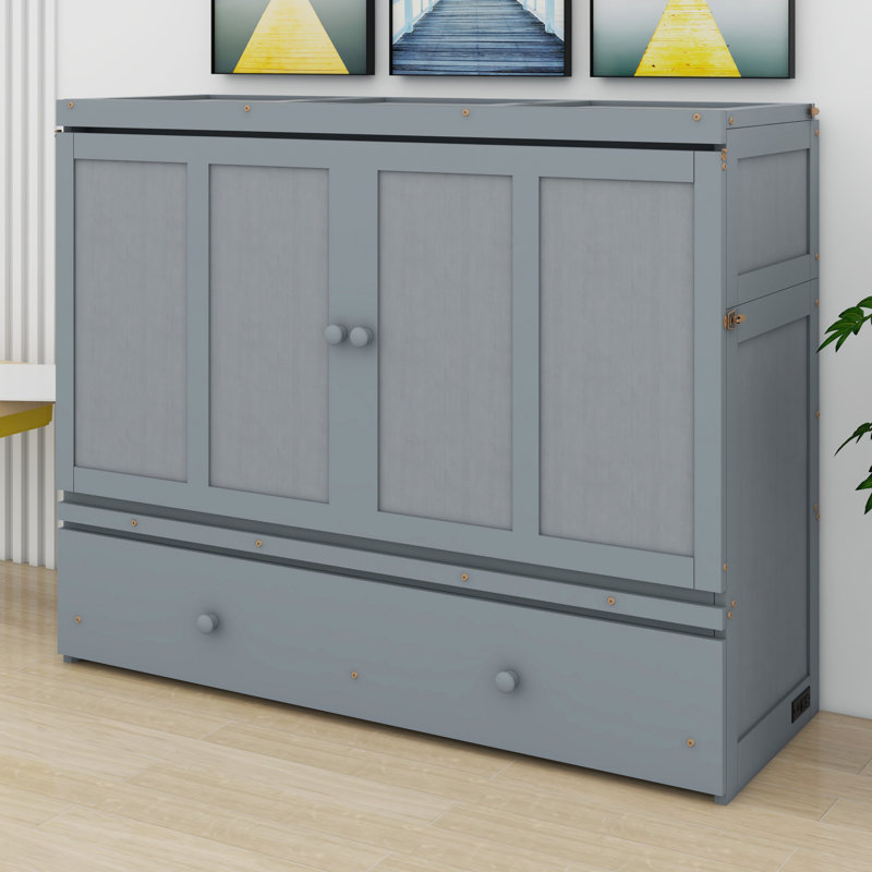 Lit escamotable avec port USB et grand tiroir, gris, Grand lit