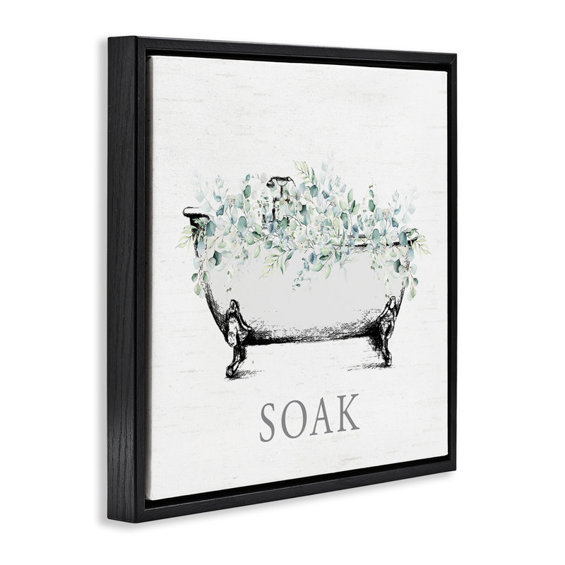 Toile pour salle de bain avec eucalyptus, art mural encadré flottant, H 18 po x l 18 po, Cadre flottant noir de jais