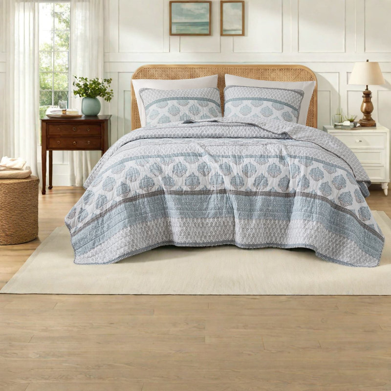 Aqua Full Queen Cotton Quilt Bedding Sets, Reversible Bedroom Comfort