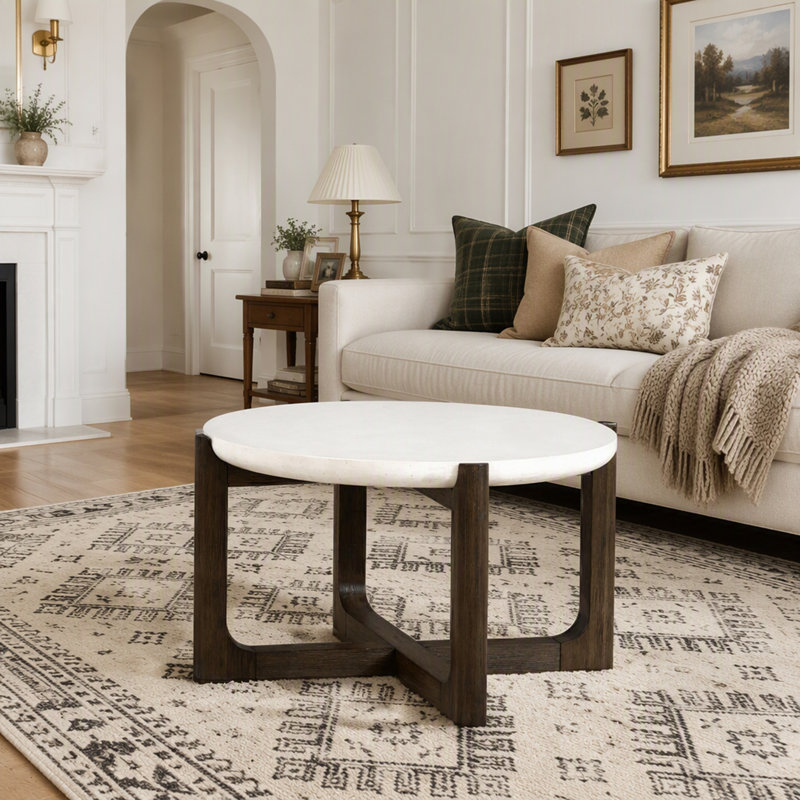 Table basse style transitionnel à dessus en pierre de quartz avec base à tréteaux, finition noyer foncé pour un salon élégant
