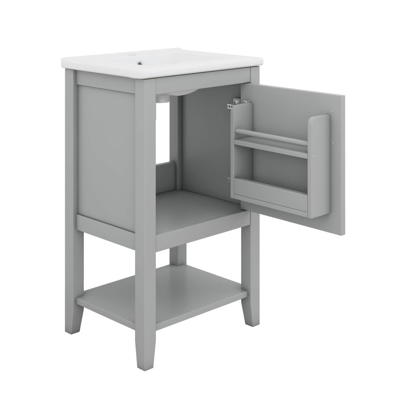 Meuble-lavabo de 20 po avec lavabo en céramique, armoire de salle de bain avec porte à fermeture douce, support de rangement et tablette ouverte