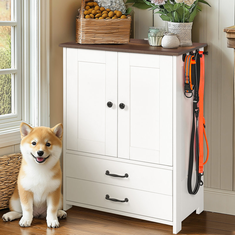 Station d'alimentation pour chien, armoire de rangement pour nourriture pour chien avec bols de chien cachés, crochets pour chiens de taille moyenne