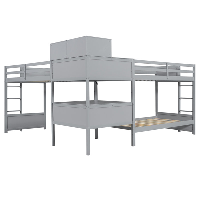 Lit simple superposé en forme de L avec bureau intégré, 4 tiroirs et ports USB et prise de courant, Grey