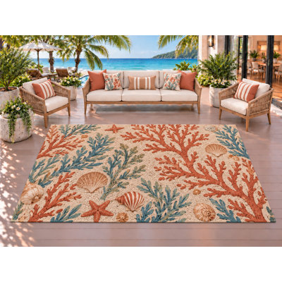 Tapis d'extérieur 5' x 7' à motif de branches de corail et de coquillages, épais, solide et imperméable, en PVC bouclé, tapis de patio résistant, tapis intérieur/extérieur à séchage rapide pour porche, terrasse, balcon, entrée, camping-car.