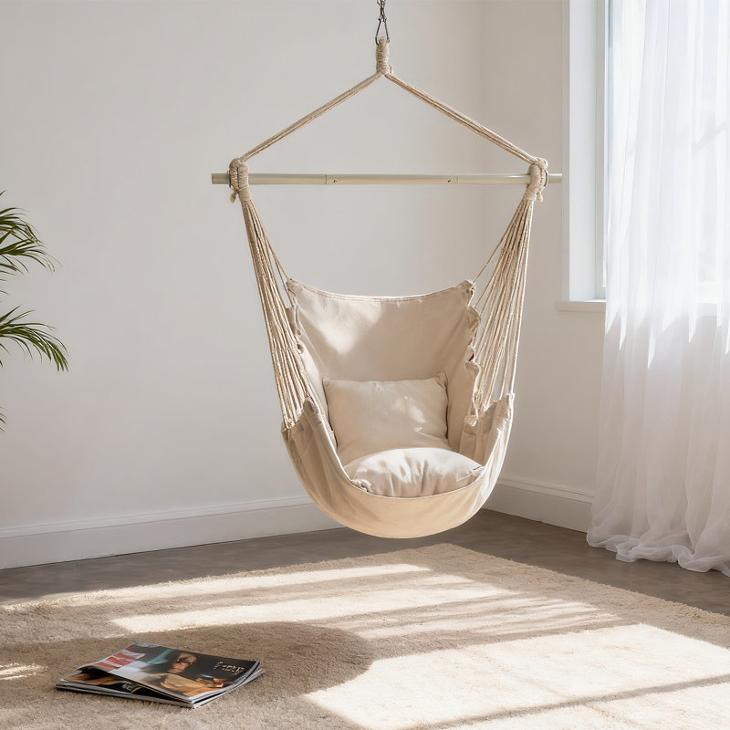 Chaise hamac suspendue, balançoire en corde de coton avec 2 coussins, poche latérale et ensemble de quincaillerie, capacité de 500 lb
