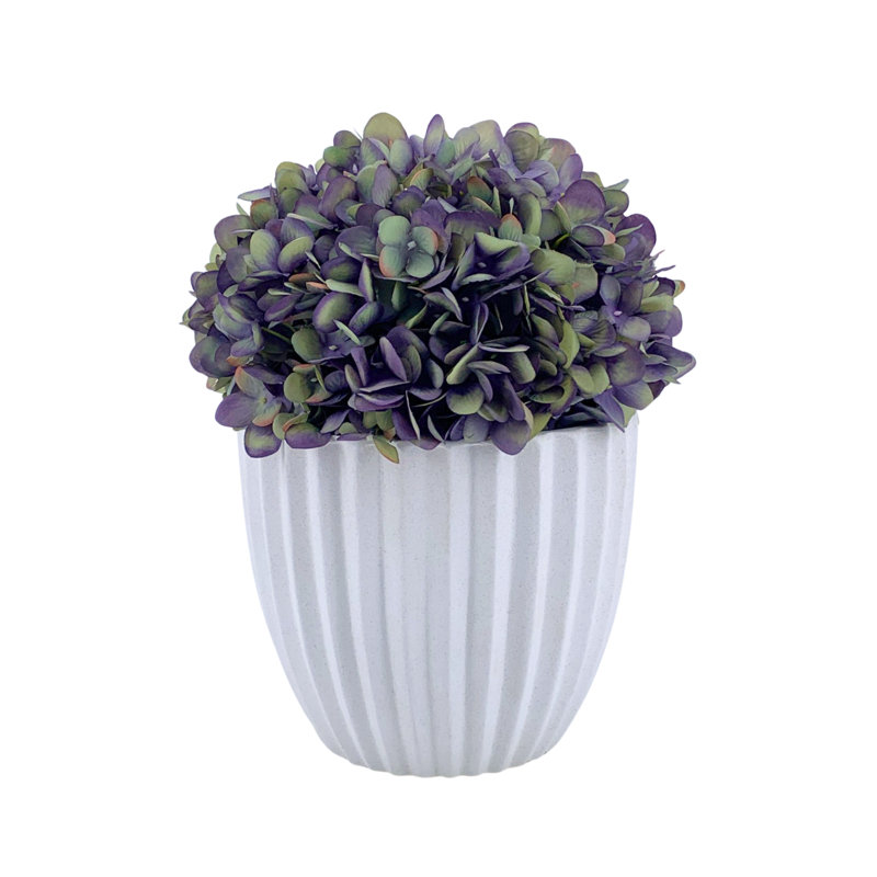 Arrangement de faux hortensias en céramique blanc pierre, Blanc, Mauve