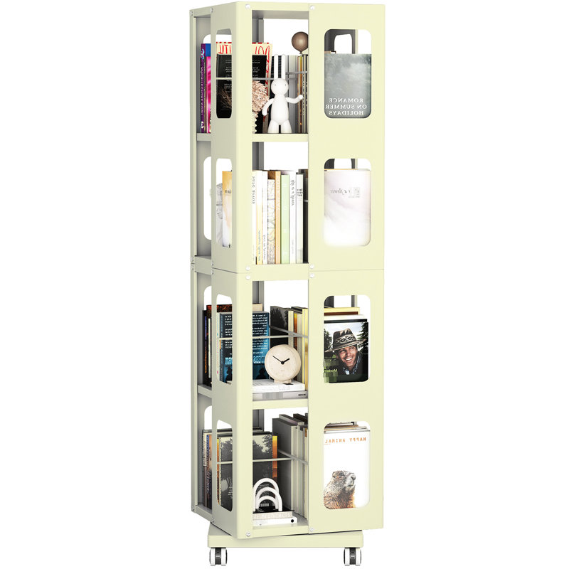 & Spacious 4 All Rotating Bookshelf With 360 Wheels, New Style Yellow, Modern Setup, Small Footprint Design Bookshelf, Easy Assembly, Large Size, Footprint, Ideal For Book Collection
