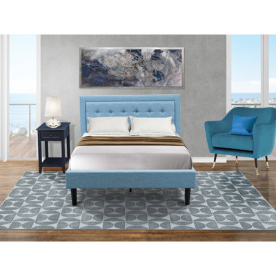 Ensemble de lit double 2 pièces Fannin avec 1 lit double et une table de bout pour la chambre à coucher - Fabrication fiable et robuste - Tissu en lin bleu denim