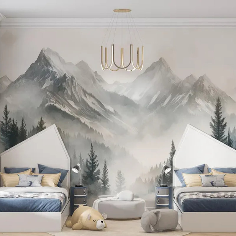 Murale paysage de montagne et forêt alpine brumeuse, L 96 po x l 108 po