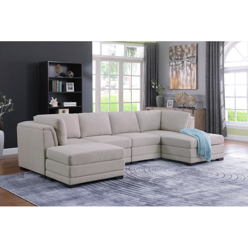 Canapé modulaire réversible en tissu de lin gris clair avec 2 repose-pieds 121,5 po Kristin, Gris clair