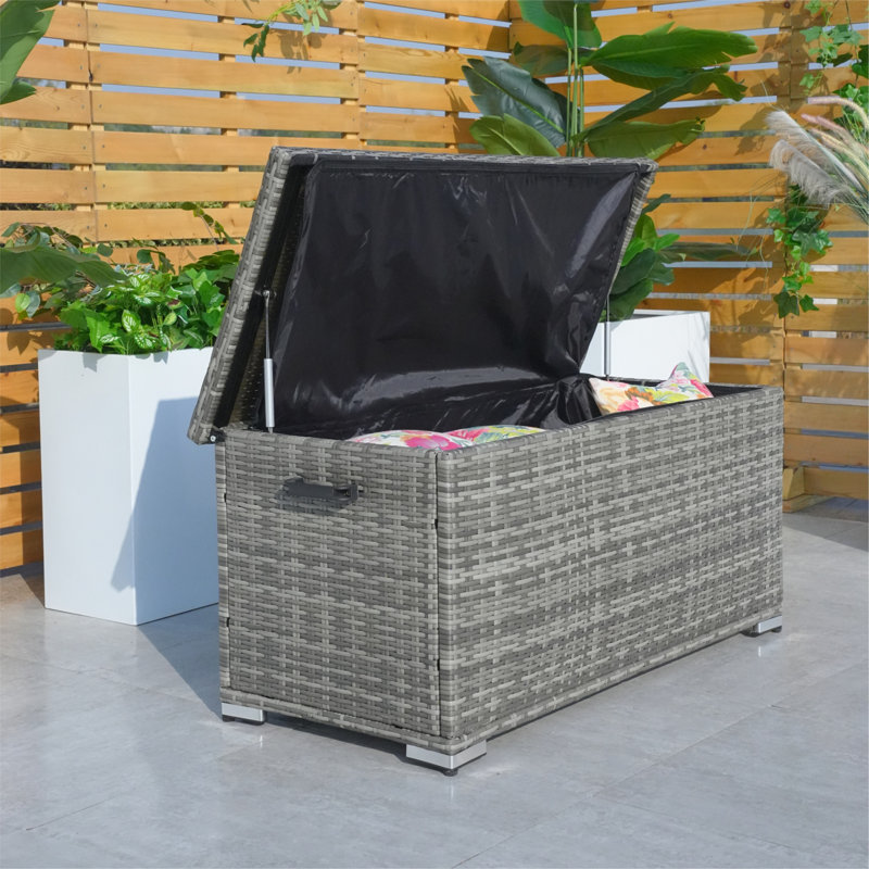 Large Outdoor Wicker Storage Box – Frame, Waterproof Liner, Dual Gas Lifts, 22" H x 48" W x 22" D, Gray