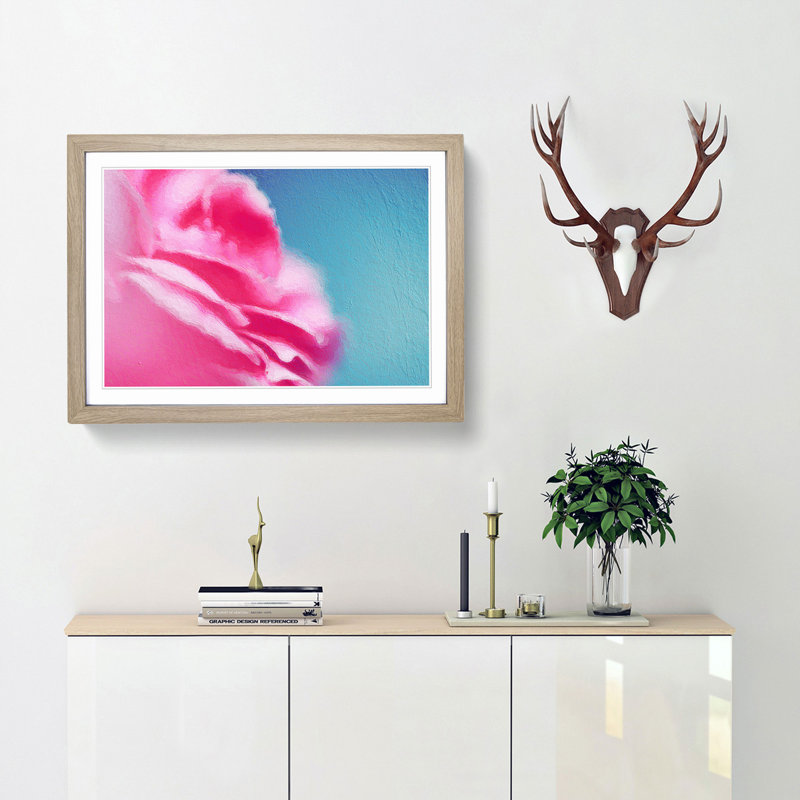 Pink Carnation on Blue - Picture Frame Painting Print, 48cm H x 65cm W x 2cm D, Oak Framed