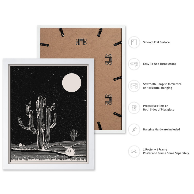 Cactus et lune, Poster, White Framed, 08"H x 10"W