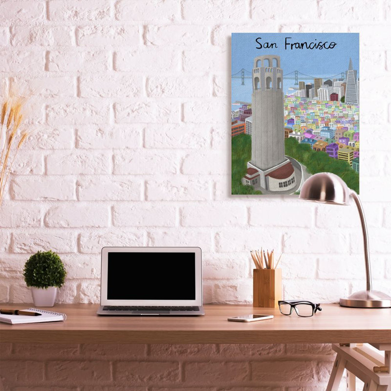 Impression d’art graphique, "San Francisco Landmark City scene" par Carla Daly, H 40 po x l 30 po, Toile tendue