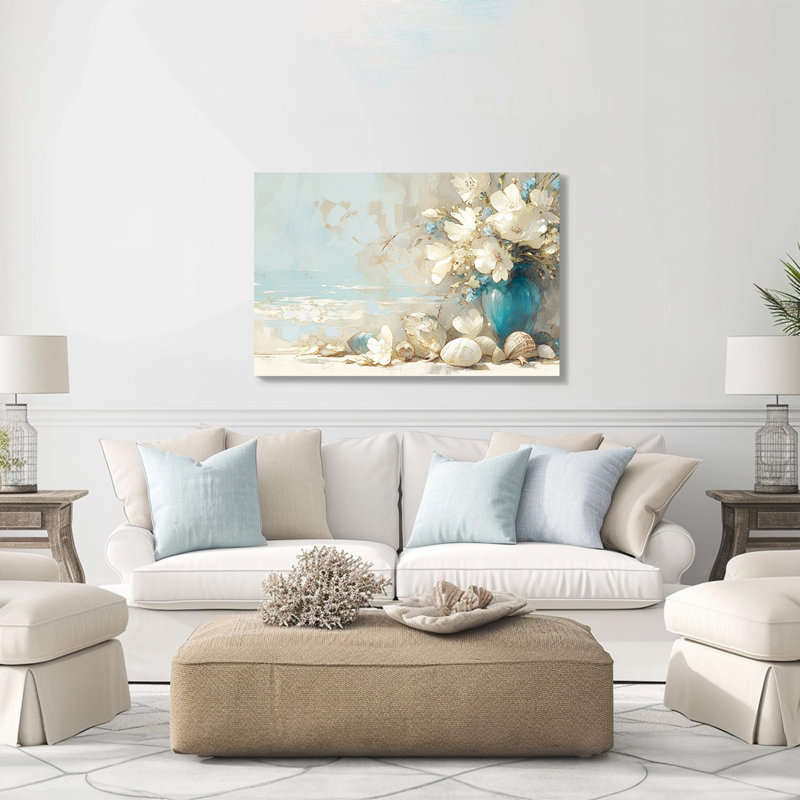 Vase turquoise sur toile tendue avec coquillages, 20" H x 30" W