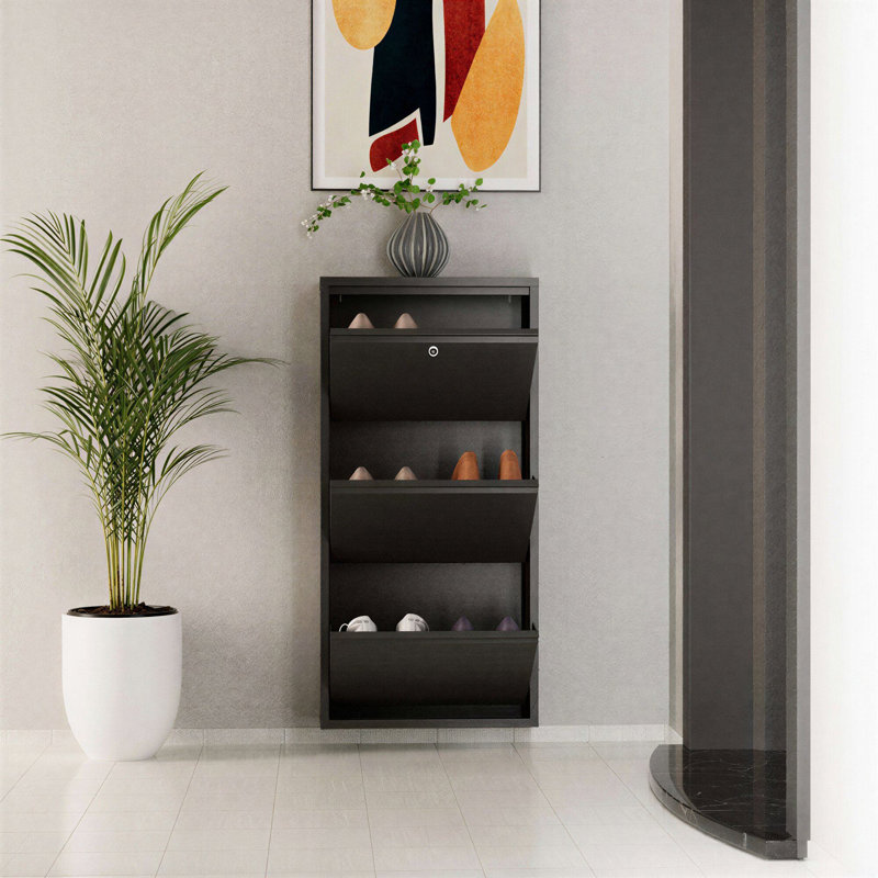 Armoire à chaussures moderne, 100% métal, couleur anthracite, 19,7 x 40,6 x 5,9 pouces | Épaisseur: 0,03 pouce | Portes murales à ouverture centrale avec supports magnétiques | Solution de rangement élégante pour tout vestibule