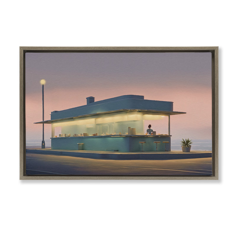 Toile flottante encadrée «Lone Beach Diner at Sunset» par Noah Bay, H 17 po x l 25 po, Cadre flottant orme Montalcino