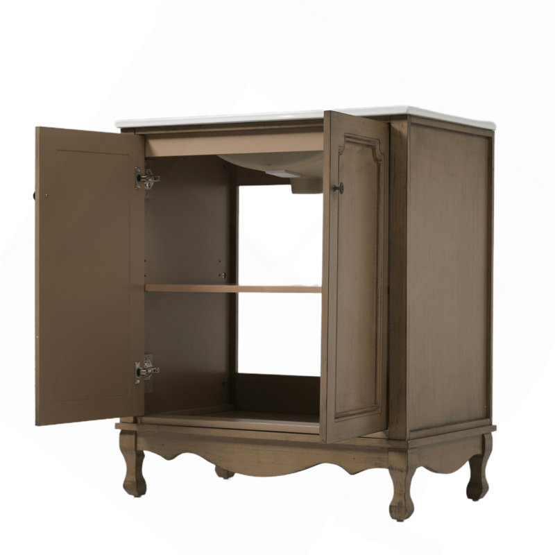 Meuble-lavabo vintage 30 po avec lavabo en céramique, meuble-lavabo avec poignées antiques, brun antique