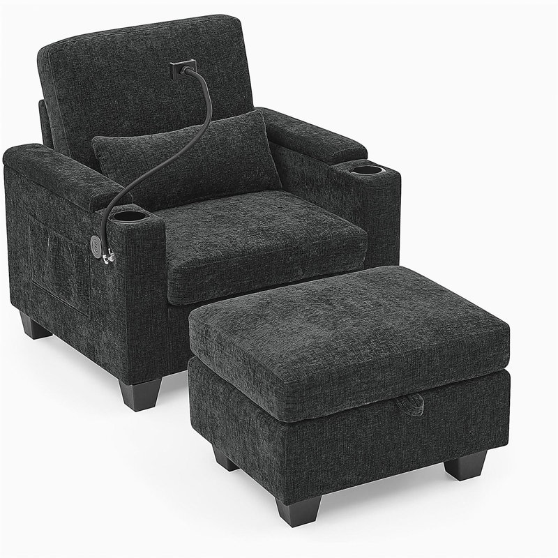 Canapé inclinable simple avec dossier réglable manuellement, port de charge USB sur le côté de l'accoudoir, support pour téléphone inclus, rangement pour accoudoirs dissimulé et repose-pieds de rangement assorti - noir