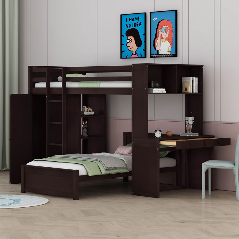 Lit superposé avec lit autonome, tablettes, bureau et garde-robe, Lit simple, Espresso