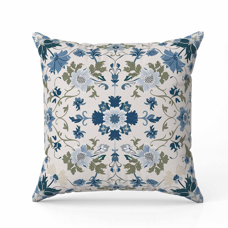 Coussin en suède Moonlit Blossoms, Carré 16 po, Bleu / Vert