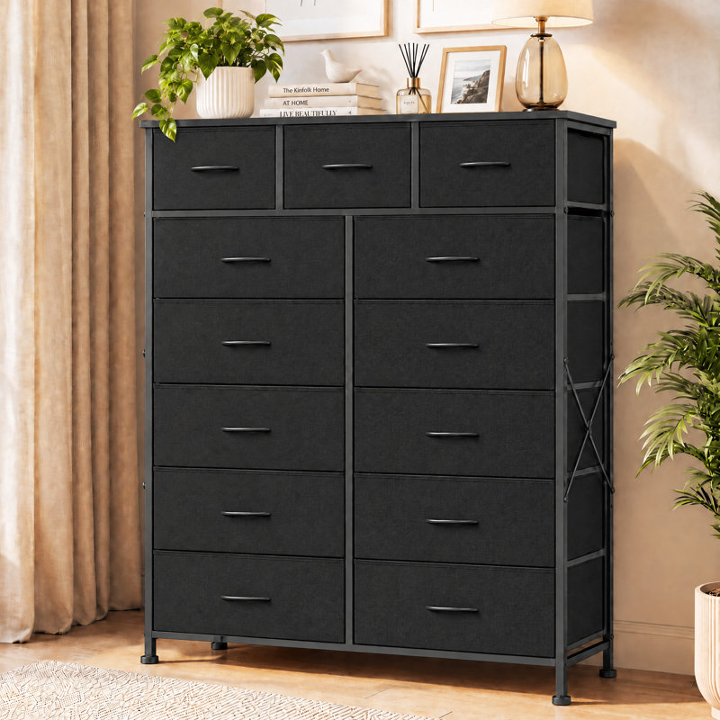  Tall 13 Drawer Fabric Dresser, Modern Storage Tower Unit, Black