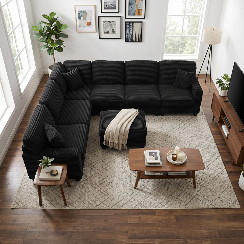 Canapé modulaire en U 125,2 po Corduroy, Velours côtelé noir