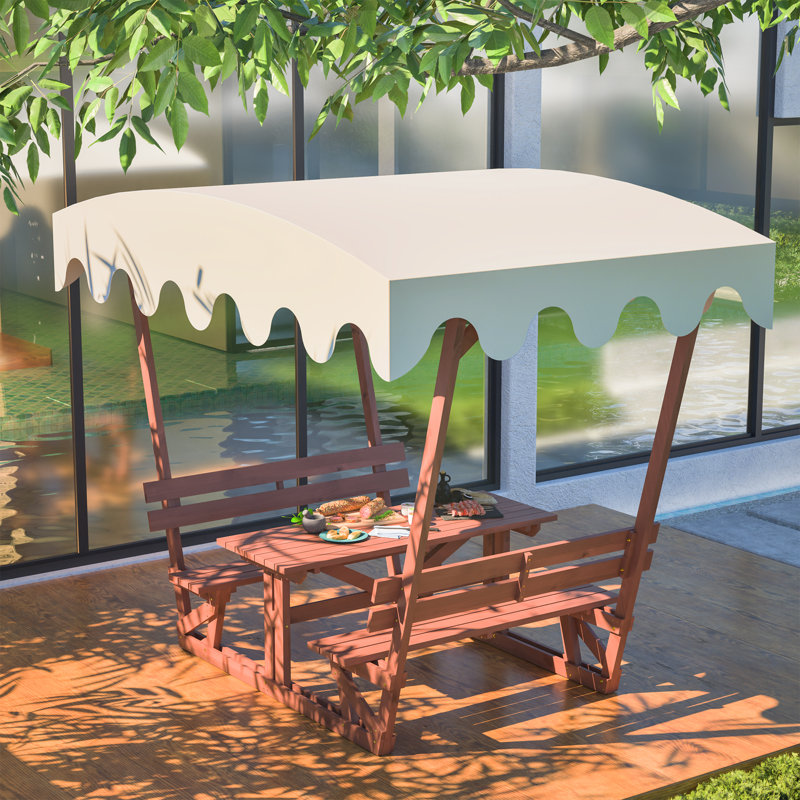 6-Person Wooden Patio Dining Set with Detachable Canopy—Weather-Resistant Teak Table & Bench Combo Built for Backyard BBQs, Poolside Brunches & Starlit Suppers