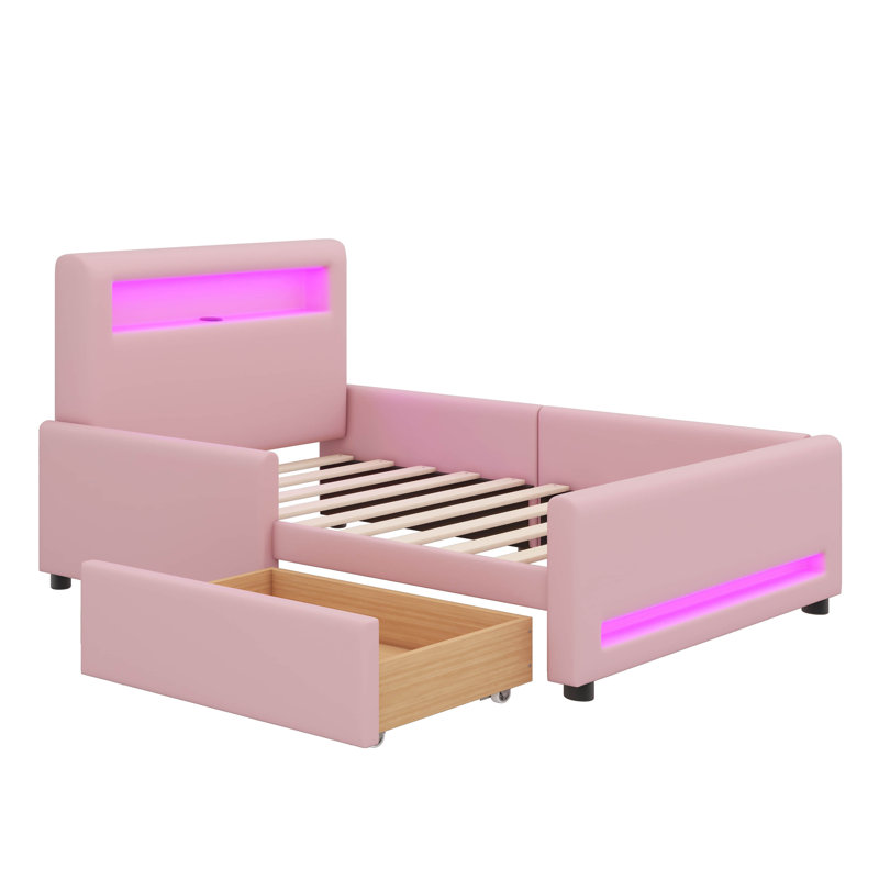 Lit plateforme simple à coussin avec tiroir intégré, bande lumineuse à DEL et connectivité USB, Lit simple, Rose