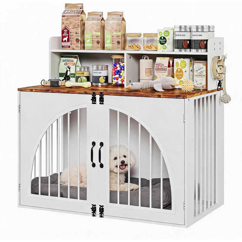 Cage pour chien de 119 cm (47 pouces) avec tablette de rangement ouverte et deux crochets latéraux, structure robuste en fer et bois, table d'appoint pour grands chiens