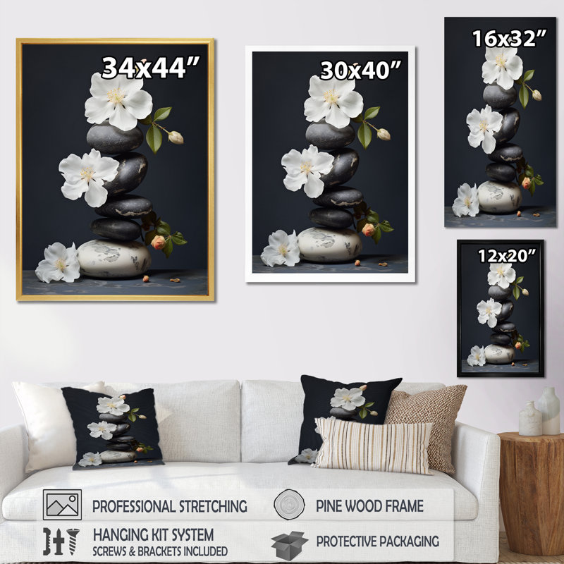 Décoration murale zen sérénité fleurs blanches pierre noire Cairn I - Pierre spirituelle, Toile tendue