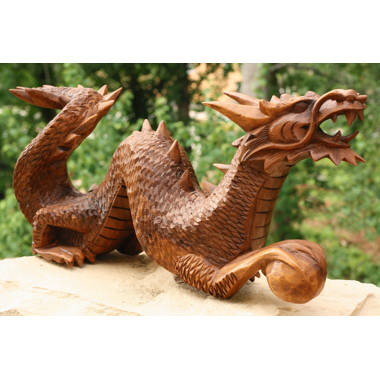 World Menagerie Niam Hand Carved Suar Wood Balinese Dragon Relief Panel  Wall Decor