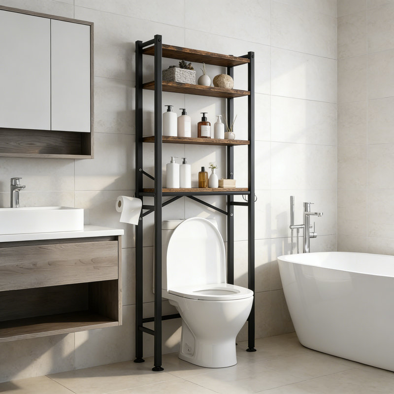 4-Tier Over The Toilet Storage Cabinet Adjustable Shelf Black Square