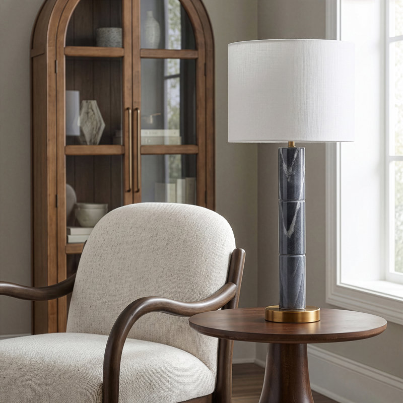 Lampe de table en tissu texturé marbre et lin Opaline, Marble, Black, Beige