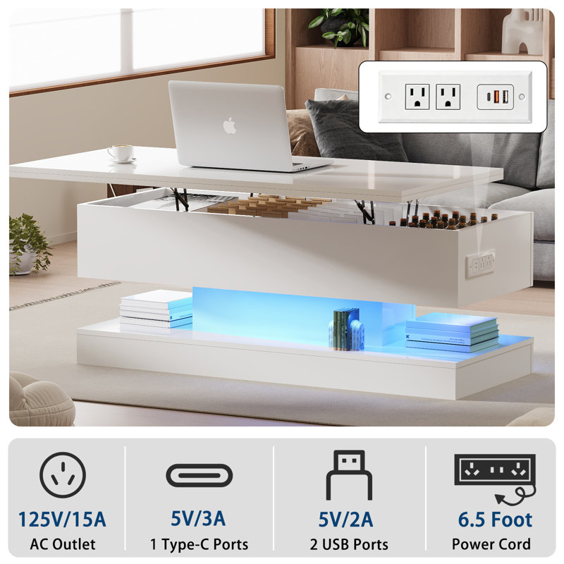  Lift Top Coffee Table with Storage, Modern High Gloss LED Table, Adjustable Convertible, APP Controlled, Dining Table for Living Room, Home Office – White