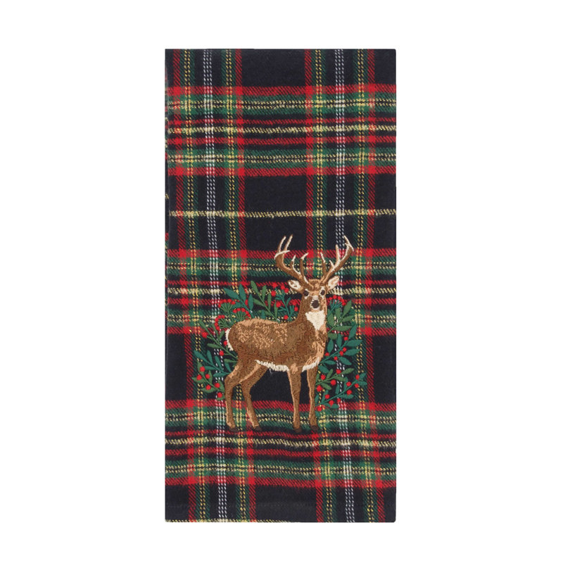 Broderie botanique cerf brodée sur tissu écossais