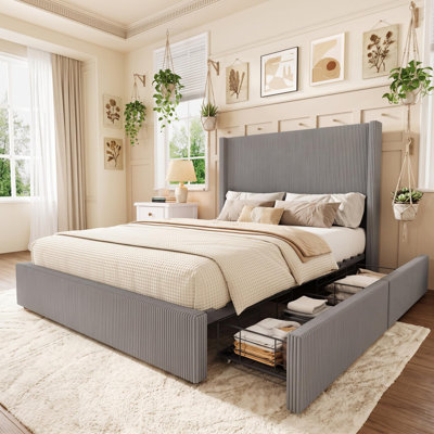 King Size Upholstered Bed Frame With Wingback Headboard and 4 Spacious Storage Drawers, Noise Free For Bedroom Use, Gray