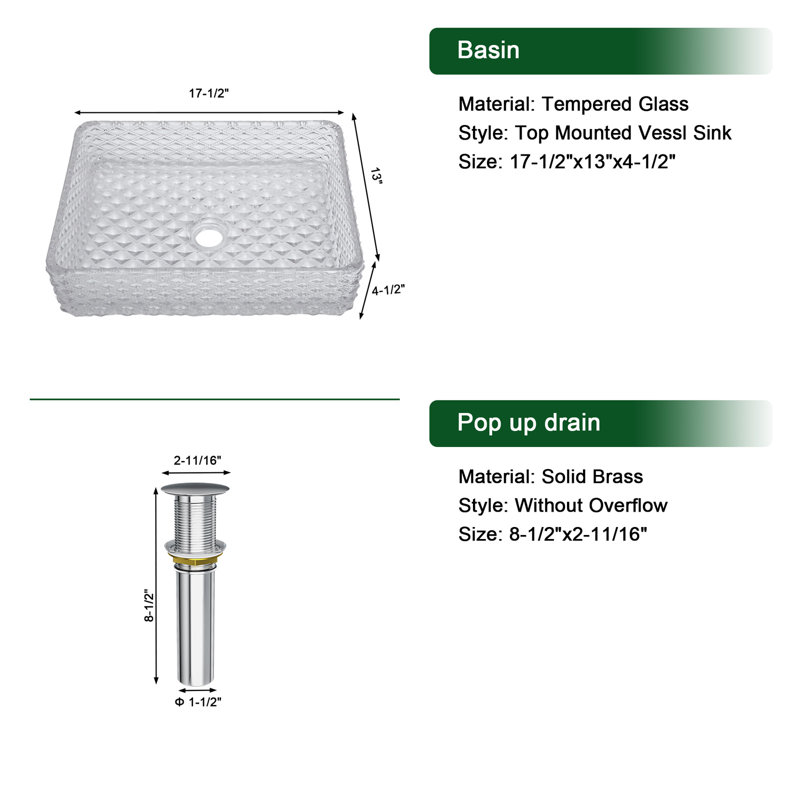 Lavabo de salle de bain vasque rectangulaire en cristal 17 L 1/3 po x l 13 po