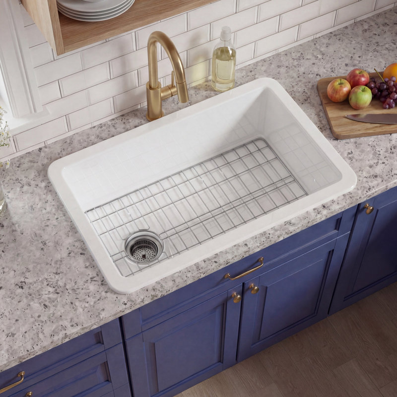30"Lx19"W Fireclay Undermount Kitchen Sink Offset Drain, Drop In Kitchen Sink White Single Bowl, Dual Mount, Included 2 Custom Accessories